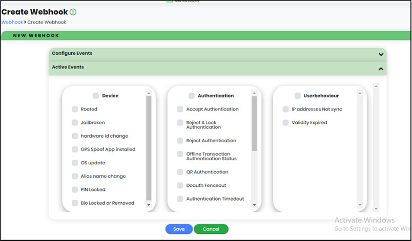 New Webhook Page - Active Events - CyLock